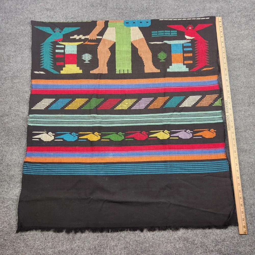Vintage Guatemalan Mayan Handwoven Textile Wall Hanging Warrior Bird Black 68x32
